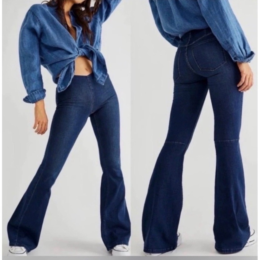 Free People Penny Flare Jeans Womens 29 Blue Pull On Dark Wash Bell Bottom Indie